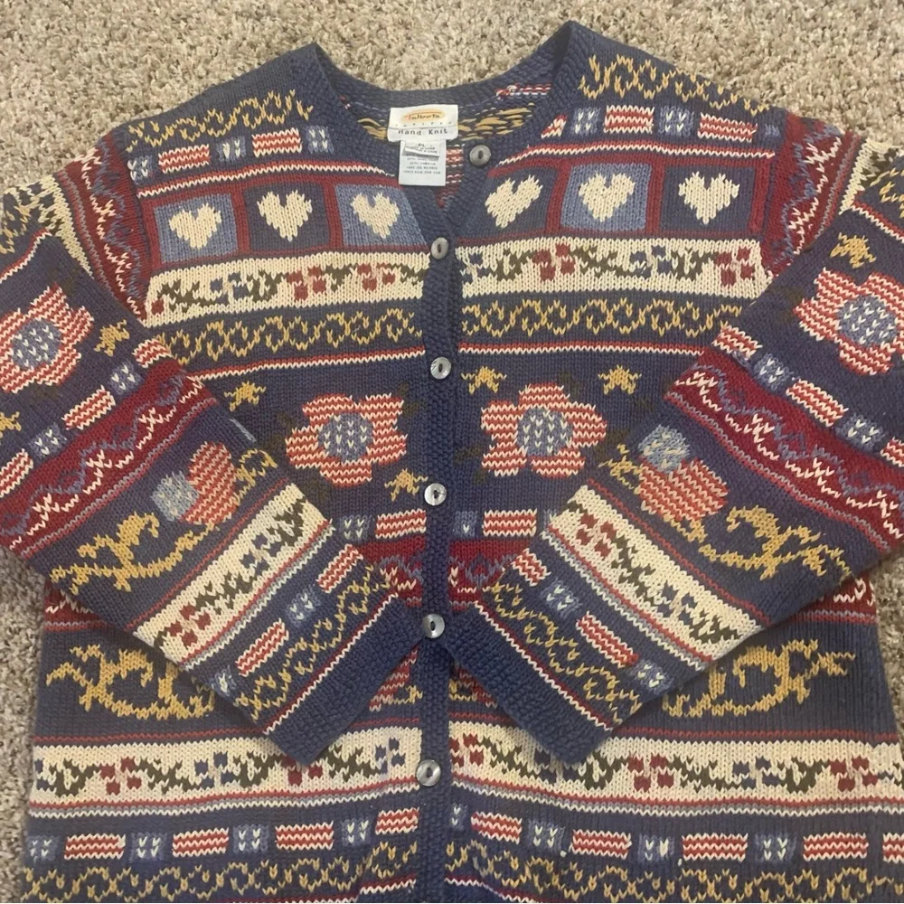 Talbots Americana Hearts Vintage 90s Linen Blend Hand Knit Cardigan Sweater - Picture 12 of 13